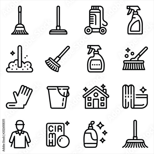 Set of cleaning tools icons, vector illustration for household and janitorial services