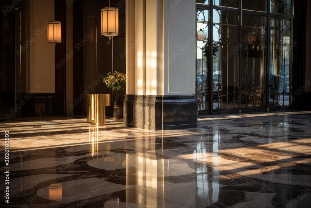 Fototapeta premium Elegant hotel lobby featuring natural light patterns on a polished intricate marble floor