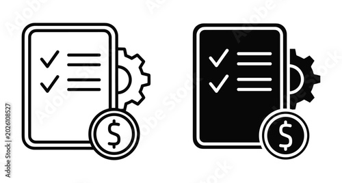 Business financial checklist icon set with document gear and dollar coin symbol for project management cost estimation and budget planning