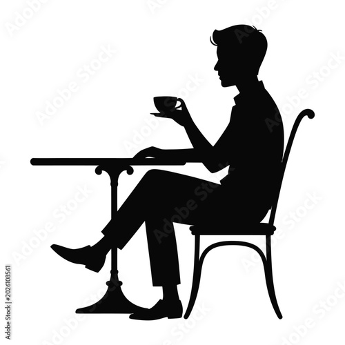 man sitting at cafe table with cup and saucer black and white silhouette