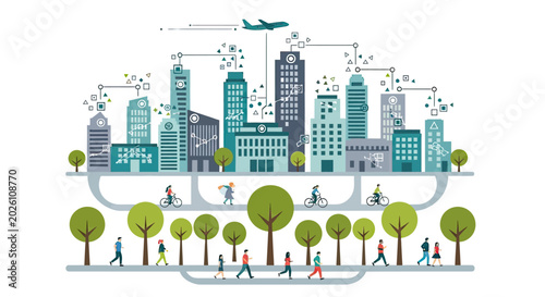 A vibrant illustration depicting a futuristic smart city with interconnected buildings, green spaces, and active citizens engaged in various activities.