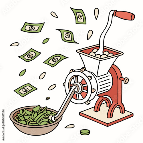 Принти на полотні vintage hand cranked mill grinding money satirical illustration on a white backg