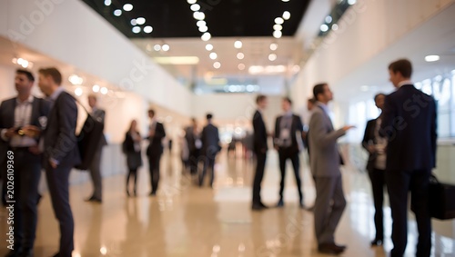 Group of business people standing and talking in a large modern conference hall with white walls and shiny floor