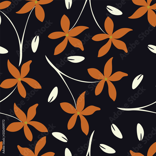 Cute floral pattern in the small flowers. Seamless vector texture. Elegant template for fashion prints. Printing with small orange and pink flowers. Ivory background.
