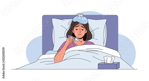 Sick woman lying in bed with a thermometer in her mouth and an ice pack on her head while suffering from a fever.