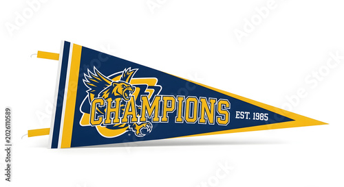 A blue and yellow pennant flag with a champion logo on a white background
