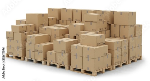 Large stack of cardboard boxes on wooden pallets isolated on white background for shipping and logistics