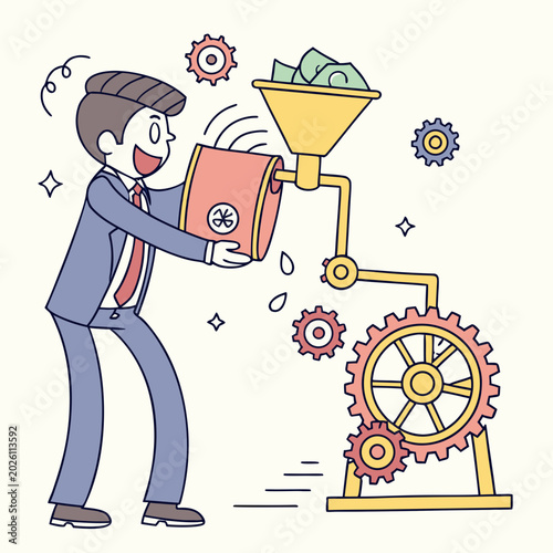 Foto Happy businessman pouring resource into a money-making machine with gears