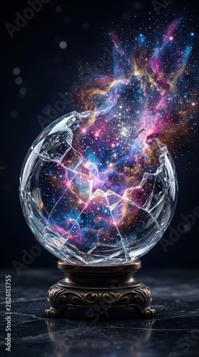 Cracked crystal ball releasing colorful galaxy, cosmic explosion
