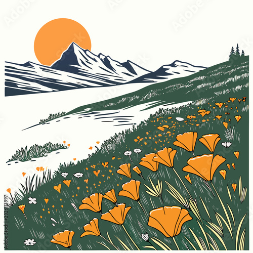 Schilderij op canvas Orange poppy field landscape with mountain background landscape mountains
