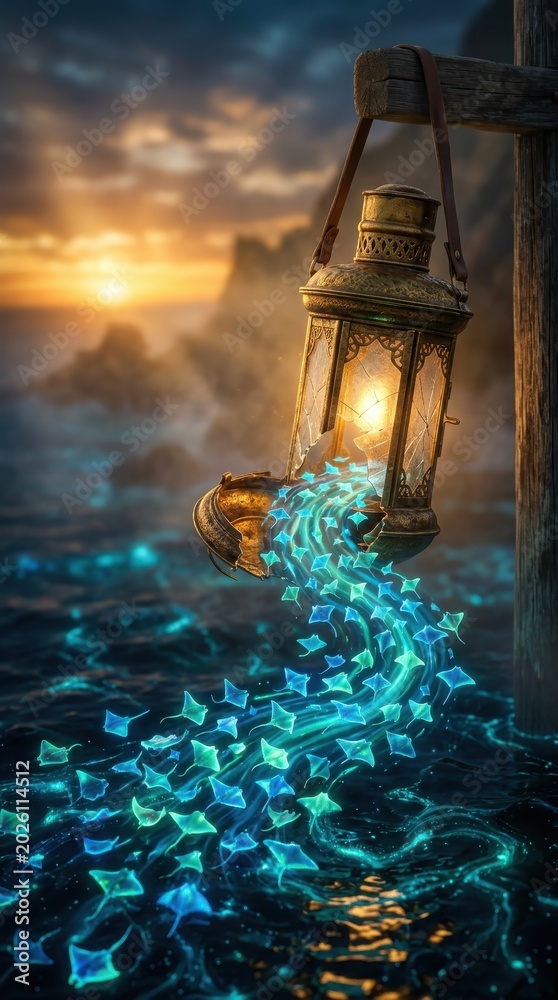 Fototapeta premium Lantern releasing glowing shapes onto ocean waves at sunset