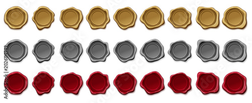 Gold, silver, and red wax seals collection arranged in rows