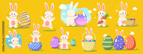 Cute cartoon bunnies and easter eggs on yellow background