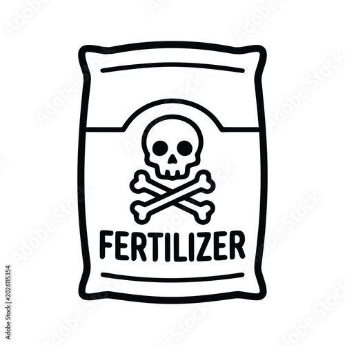 Bag of fertilizer with skull and crossbones symbol plant food line art weed killer growth booster white background