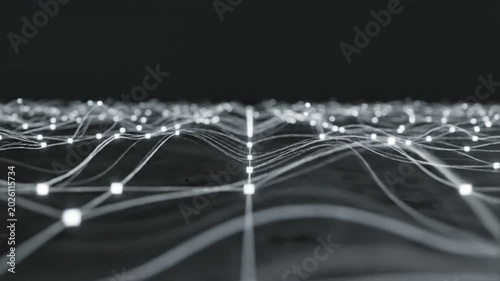 Glowing white digital nodes connected by flowing lines of light in a rhythmic wave motion across a dark virtual space