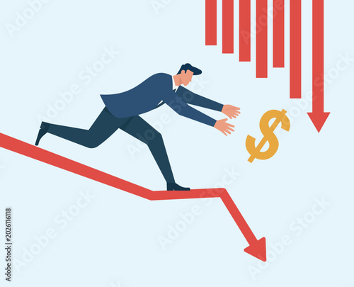 Konstfotografi Businessman running down a crashing red market chart trying to catch a falling d
