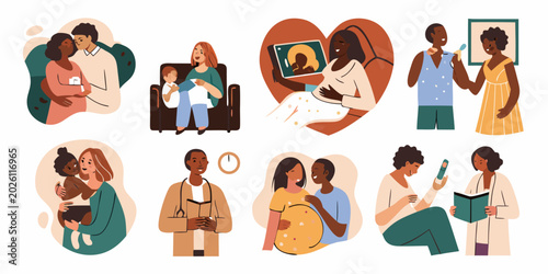 Obraz na płótnie pregnancy and parenthood illustrations diverse family scenes vector art