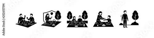 Foto Set of minimalist vector icons depicting people enjoying picnics in a park, featuring themes of family leisure, insect repellent application, and safety awareness in nature