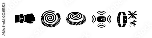 Fotografía Set of black and white icons representing various mosquito repellent methods including electronic devices, wearable wristbands, and traditional coils for effective pest control