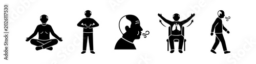 Foto Black and white icons depicting an elderly man performing various breathing and pulmonary rehabilitation exercises, including pursed lip breathing, meditation, and diaphragmatic breathing