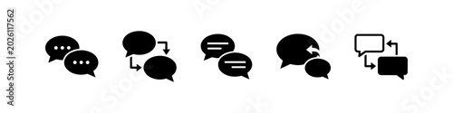 Collection of black vector chat and speech bubble icons representing communication, messaging, and digital dialogue for app and web design interfaces.