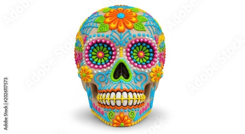 Colorful Mexican Sugar Skull for Day of the Dead (Dia de los Muertos) Celebration Isolated on White Background