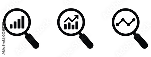 Tableau sur toile Magnifying glass icon set showing graphs and charts for data analysis, market re