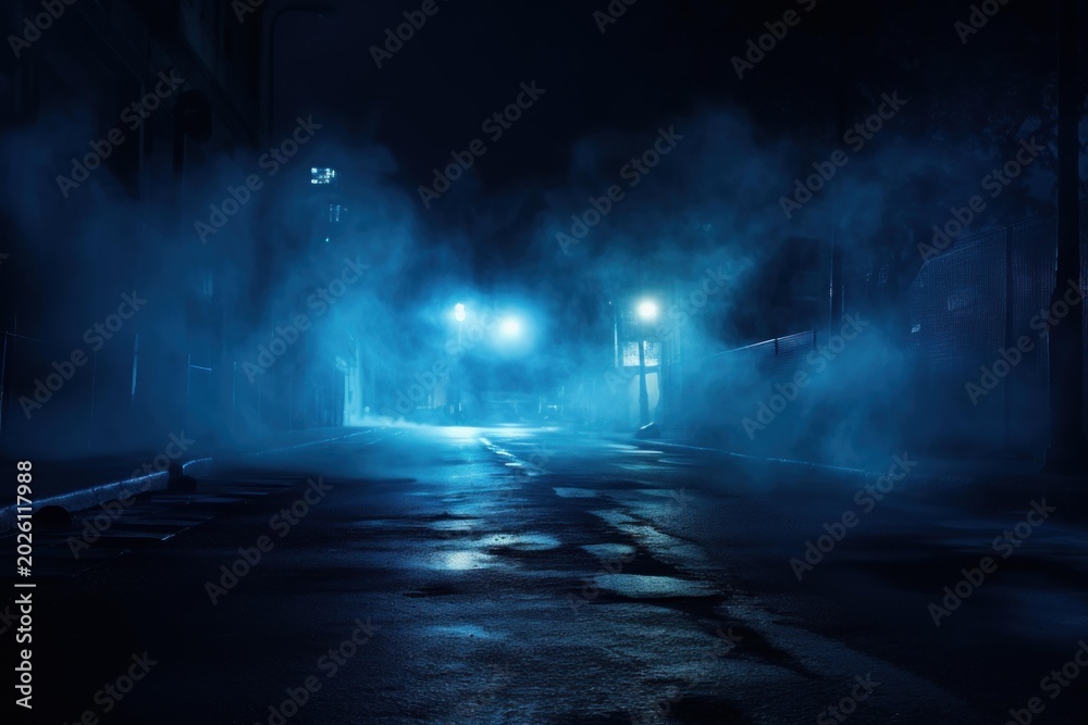 Obraz premium Urban street scene with blue streetlights cutting through thick mist on a dark night