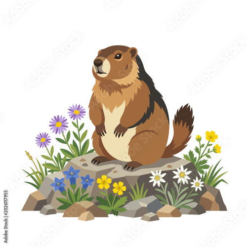 Cute marmot sitting on rocks with alpine flowers
