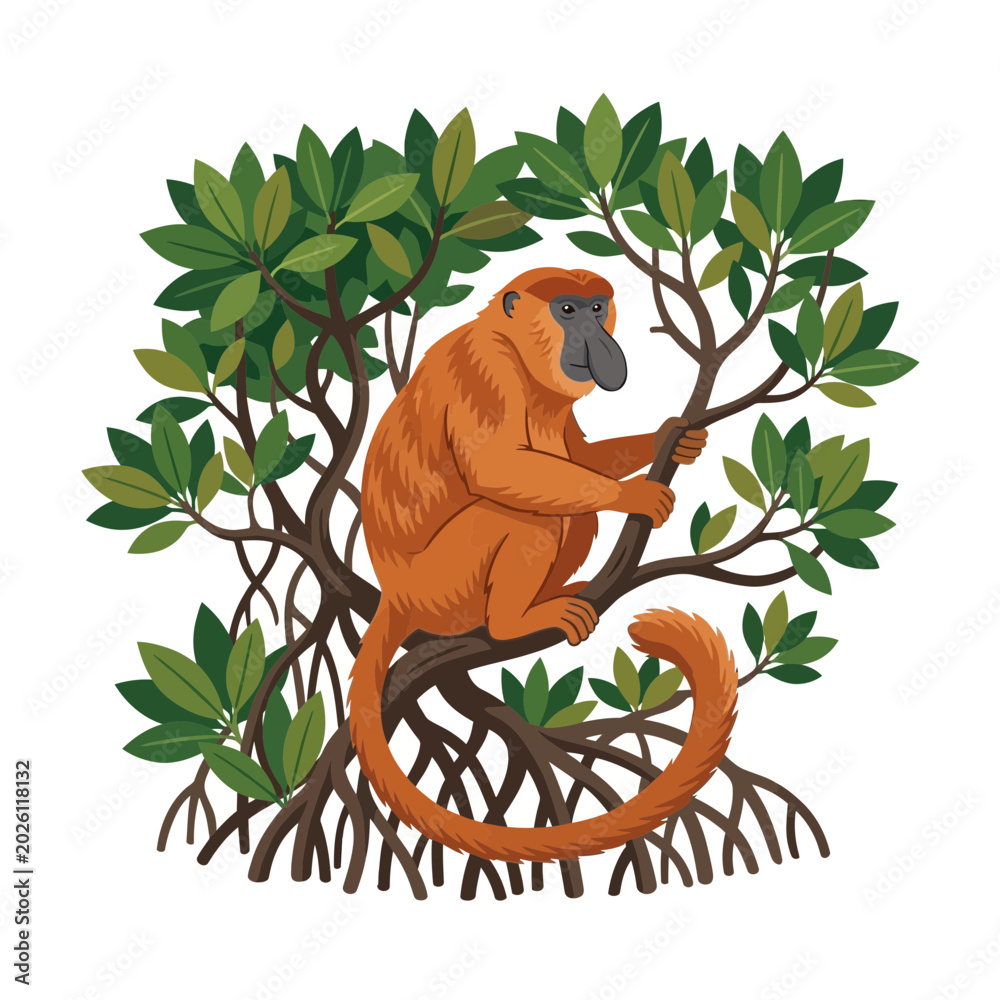 Obraz premium Orange monkey sitting on mangrove tree branches, white background