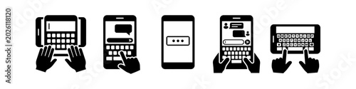 Tableau sur toile A series of black and white icons illustrating mobile phone interactions, including typing on a QWERTY keyboard, sending messages, and entering passwords