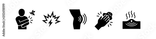Foto Set of five black vector icons representing insect bite symptoms and first aid treatments, including bee stings, sharp pain, joint swelling, wound cleaning, and skin inflammation