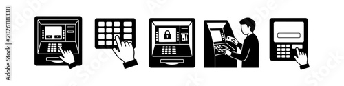Obraz na plátně A minimalist set of black and white icons illustrating ATM usage, including a person withdrawing cash, entering a PIN code, and banking security features