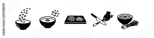 Foto Black and white cooking icons showing green onion preparation: slicing with a knife, piles on a cutting board, sprinkling into soup, and garnishing a noodle bowl