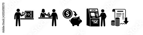 Εκτύπωση καμβά Set of black banking and finance icons on a white background illustrating money management, ATM usage, teller transactions, savings in a piggy bank and safe, and financial statements