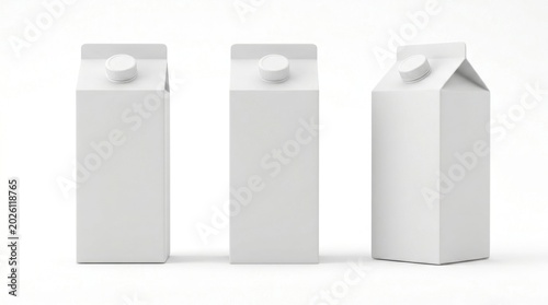 Three blank white cartons for milk or juice isolated on white background beverage packaging
