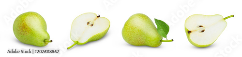 Photos Green pear fruits with leaf and half isolated with clipping path collection