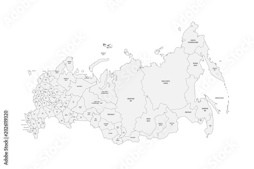 Canvas Print Russia political map of administrative divisions - oblasts, republics, autonomous okrugs, krais, autonomous oblast and 2 federal cities of Moscow and Saint Petersburg