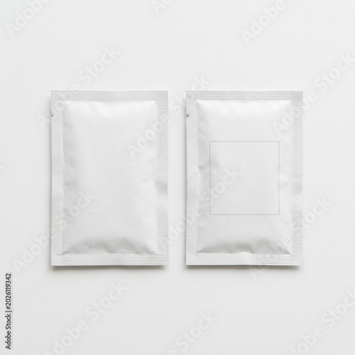 Two blank silver foil packets side-by-side isolated on white background packaging medicine