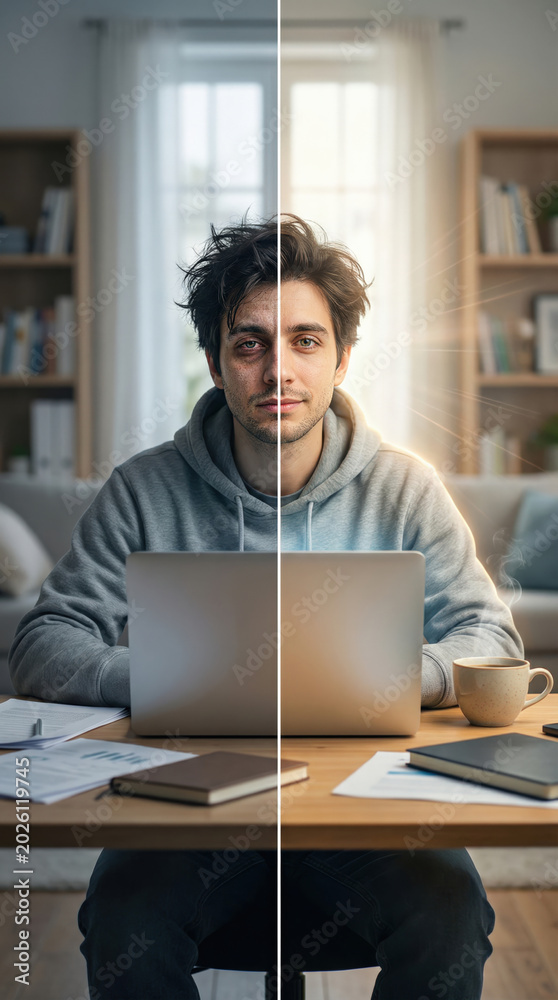 Obraz premium A conceptual split portrait of a young man at his desk with a laptop, contrasting the left side tired and pale against the right side fresh