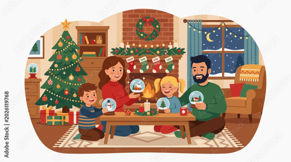Naklejka premium A family of four enjoying the Christmas season by creating snow globes in a cozy living room. Decorated Christmas tree, fireplace, stockings, and festive ambiance fill the scene