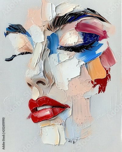 Abstract impasto oil painting of woman face with bold red lips and blue eyeshadow, expressive palette knife portrait with thick textured brushstrokes on light background