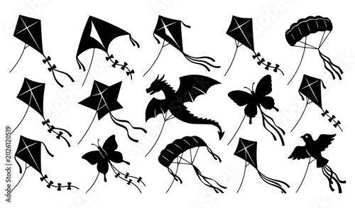 Canvastavla Black kite silhouettes vector set flying toy icon collection