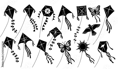 Cuadro en lienzo Flying kite silhouette collection vector kids toy illustration set