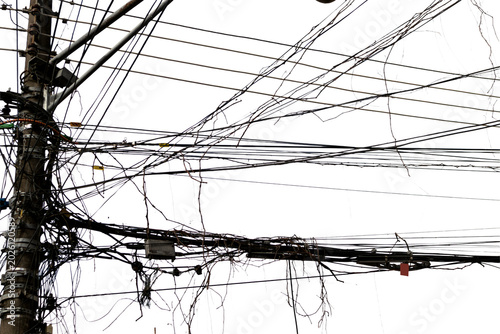 Quadro su tela Disorganized electrical grid with multiple tangled cables and urban visual pollution, evoking metropolitan density, improvised technology, and chaotic Brazilian infrastructure
