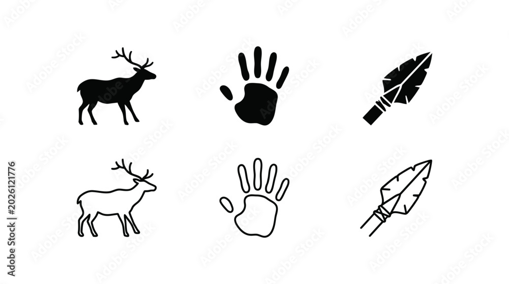 Fototapeta premium Prehistoric primitive hunting and cave art icons featuring deer silhouette handprint and flint spearhead
