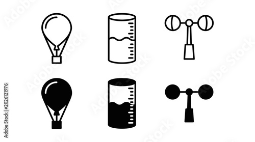 Meteorological measurement instrument icons including weather balloon anemometer and graduated rain gauge