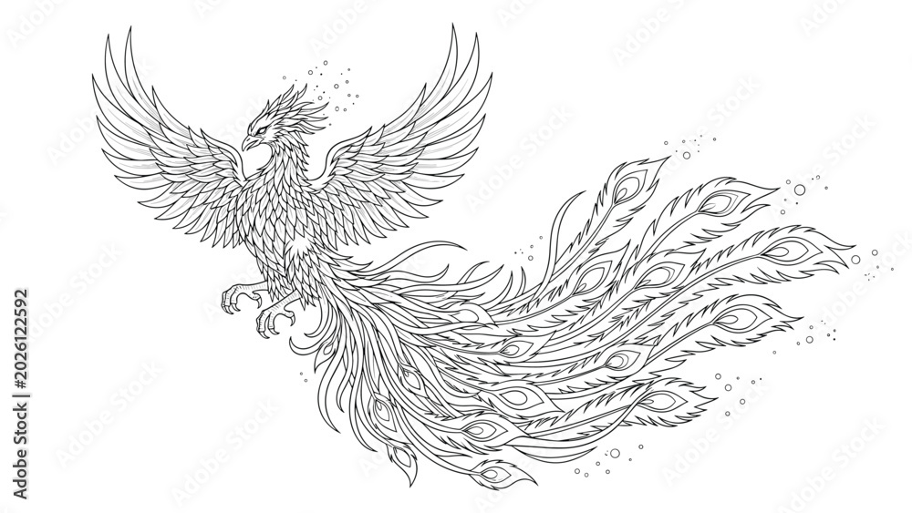 Fototapeta premium Detailed black and white line art illustration of a majestic phoenix in flight with long ornate tail feathers.