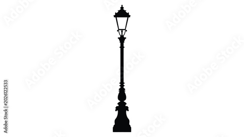 Vintage street lamp silhouette standing tall, ornate design, classic lamppost symbol for outdoor lighting historical ambiance and street illumination on transparent background.