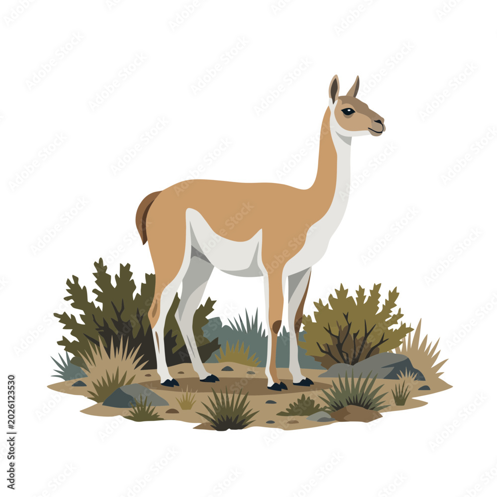 Fototapeta premium Guanaco standing in rocky terrain with sparse vegetation